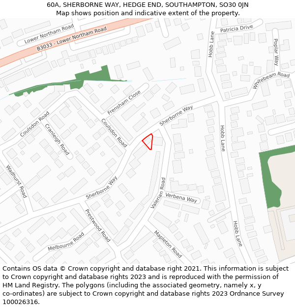 60A, SHERBORNE WAY, HEDGE END, SOUTHAMPTON, SO30 0JN: Location map and indicative extent of plot