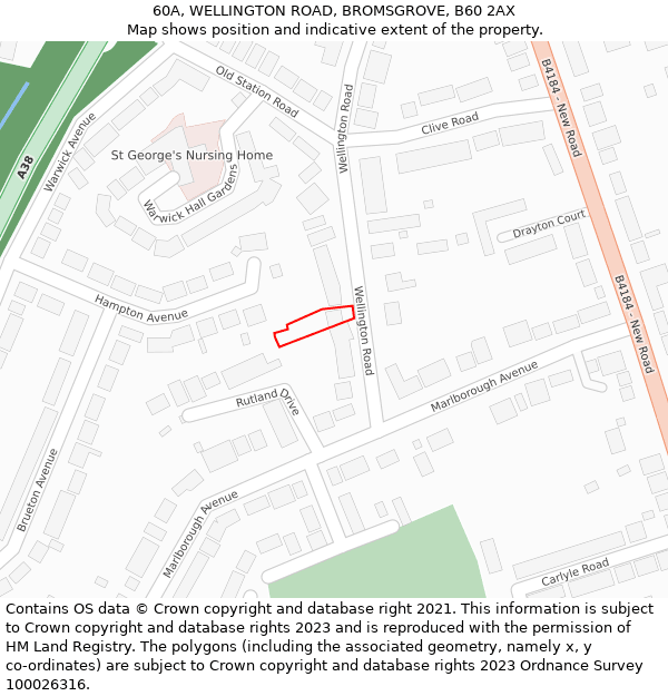 60A, WELLINGTON ROAD, BROMSGROVE, B60 2AX: Location map and indicative extent of plot