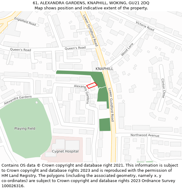 61, ALEXANDRA GARDENS, KNAPHILL, WOKING, GU21 2DQ: Location map and indicative extent of plot