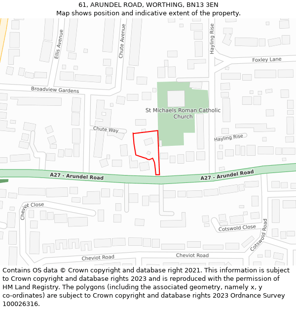 61, ARUNDEL ROAD, WORTHING, BN13 3EN: Location map and indicative extent of plot