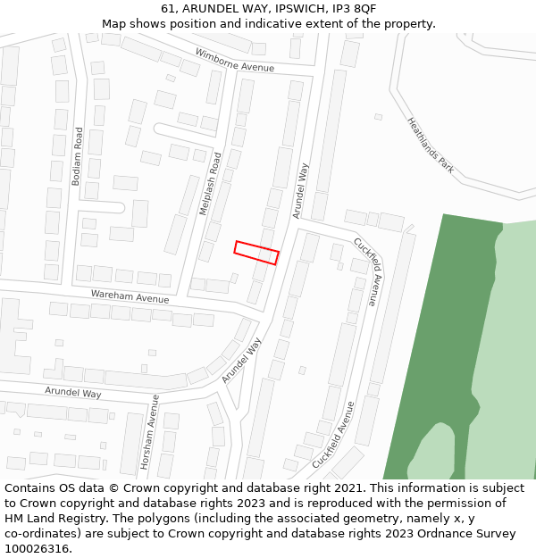 61, ARUNDEL WAY, IPSWICH, IP3 8QF: Location map and indicative extent of plot
