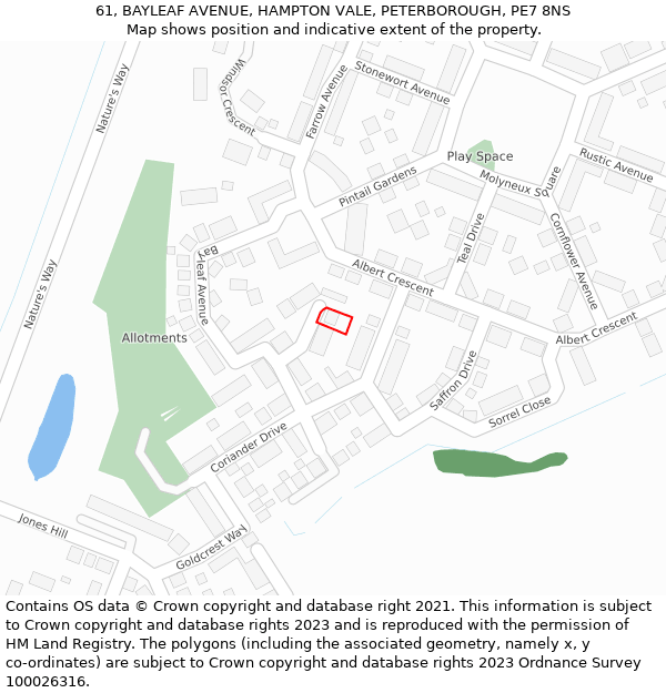 61, BAYLEAF AVENUE, HAMPTON VALE, PETERBOROUGH, PE7 8NS: Location map and indicative extent of plot