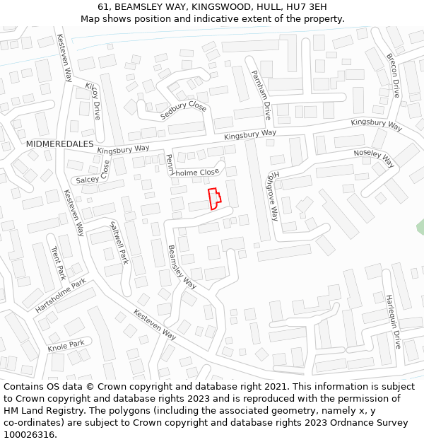 61, BEAMSLEY WAY, KINGSWOOD, HULL, HU7 3EH: Location map and indicative extent of plot