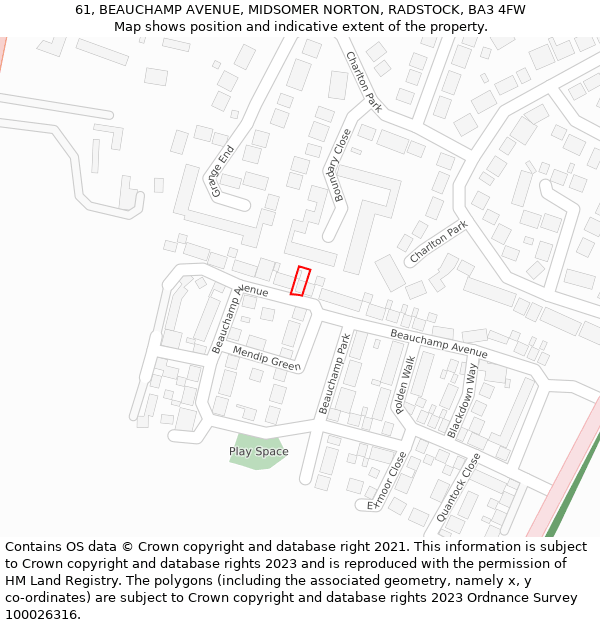 61, BEAUCHAMP AVENUE, MIDSOMER NORTON, RADSTOCK, BA3 4FW: Location map and indicative extent of plot