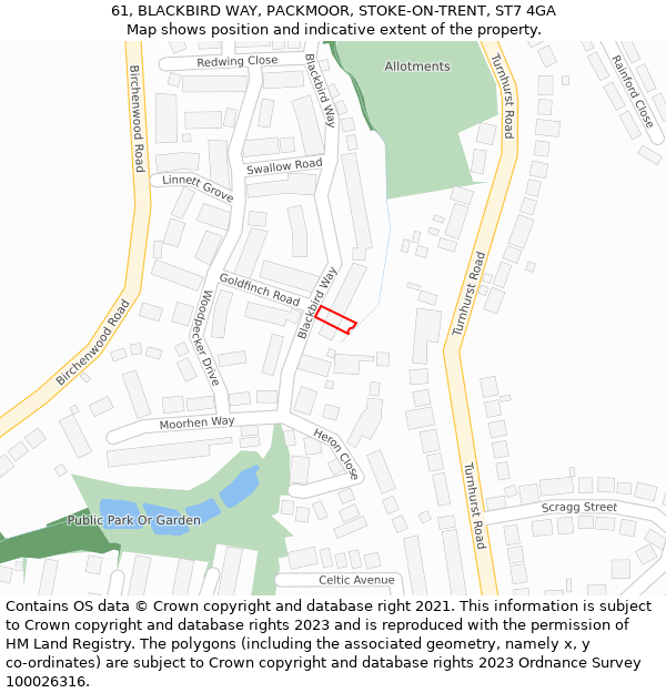 61, BLACKBIRD WAY, PACKMOOR, STOKE-ON-TRENT, ST7 4GA: Location map and indicative extent of plot
