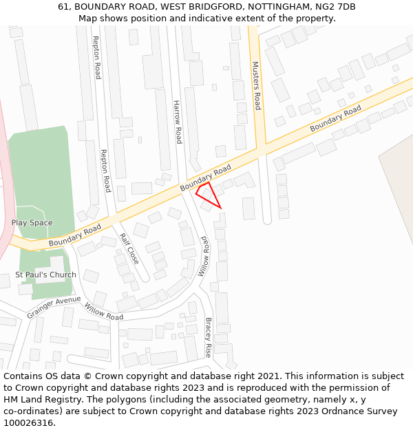 61, BOUNDARY ROAD, WEST BRIDGFORD, NOTTINGHAM, NG2 7DB: Location map and indicative extent of plot