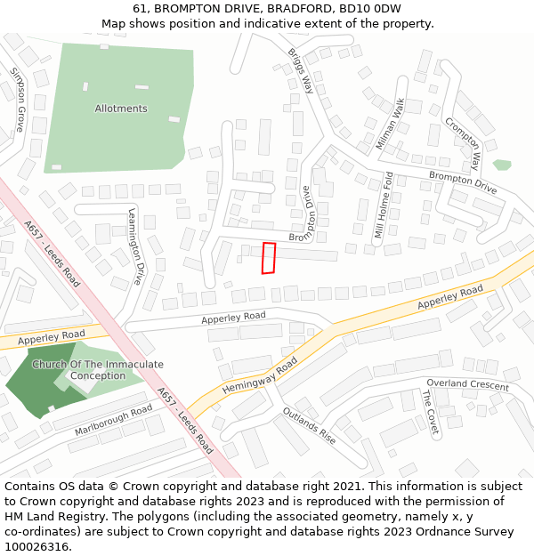 61, BROMPTON DRIVE, BRADFORD, BD10 0DW: Location map and indicative extent of plot