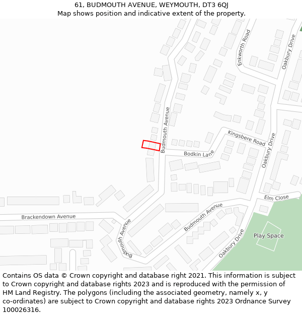 61, BUDMOUTH AVENUE, WEYMOUTH, DT3 6QJ: Location map and indicative extent of plot