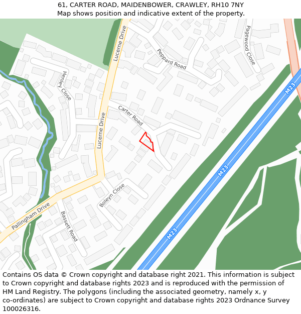 61, CARTER ROAD, MAIDENBOWER, CRAWLEY, RH10 7NY: Location map and indicative extent of plot