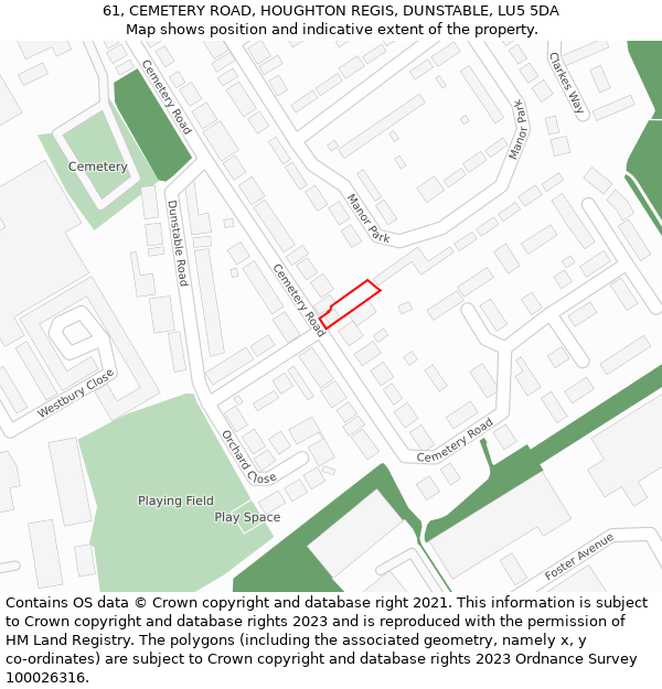 61, CEMETERY ROAD, HOUGHTON REGIS, DUNSTABLE, LU5 5DA: Location map and indicative extent of plot