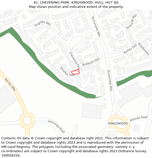 61, CHEVENING PARK, KINGSWOOD, HULL, HU7 3JS: Location map and indicative extent of plot
