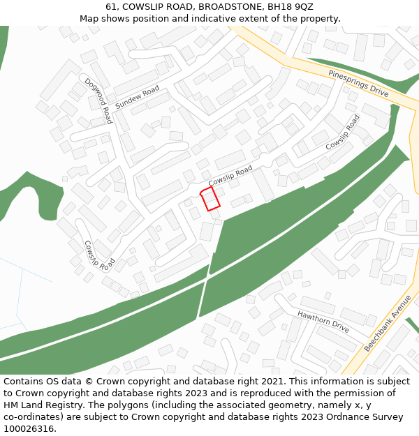 61, COWSLIP ROAD, BROADSTONE, BH18 9QZ: Location map and indicative extent of plot