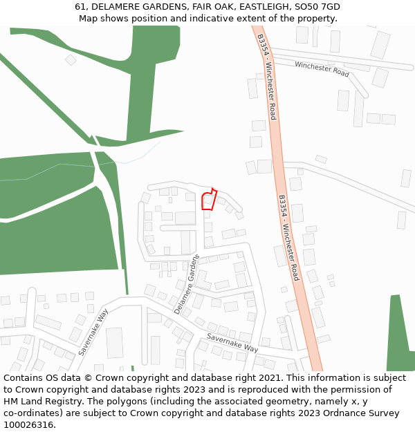 61, DELAMERE GARDENS, FAIR OAK, EASTLEIGH, SO50 7GD: Location map and indicative extent of plot