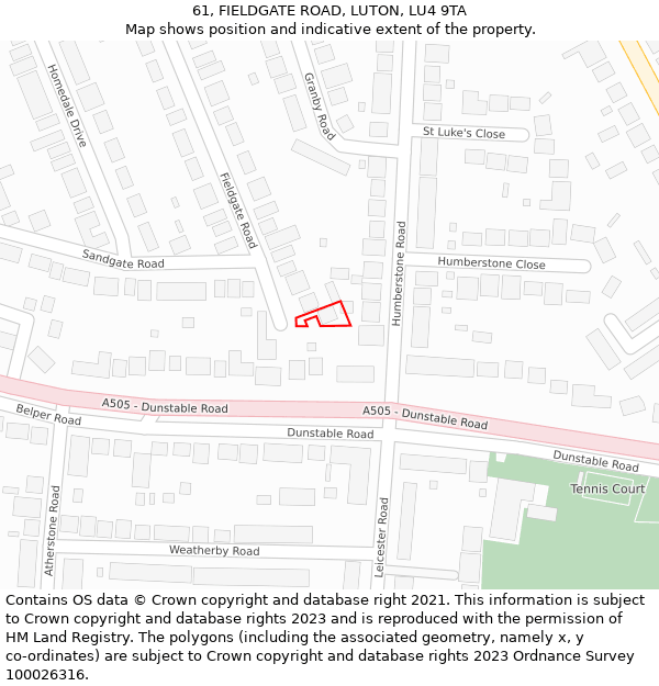 61, FIELDGATE ROAD, LUTON, LU4 9TA: Location map and indicative extent of plot