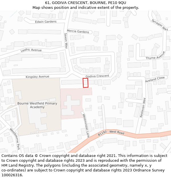 61, GODIVA CRESCENT, BOURNE, PE10 9QU: Location map and indicative extent of plot