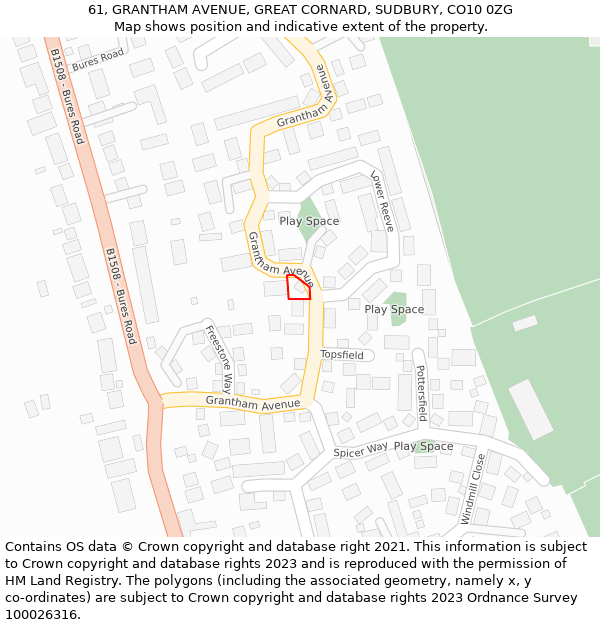 61, GRANTHAM AVENUE, GREAT CORNARD, SUDBURY, CO10 0ZG: Location map and indicative extent of plot