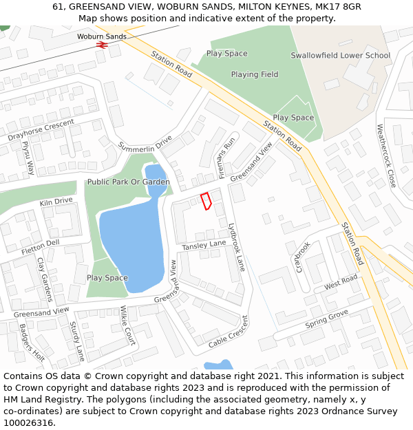 61, GREENSAND VIEW, WOBURN SANDS, MILTON KEYNES, MK17 8GR: Location map and indicative extent of plot