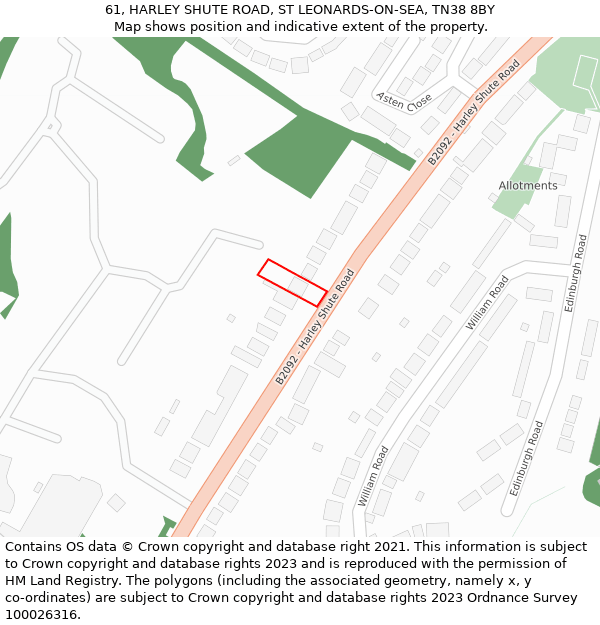 61, HARLEY SHUTE ROAD, ST LEONARDS-ON-SEA, TN38 8BY: Location map and indicative extent of plot