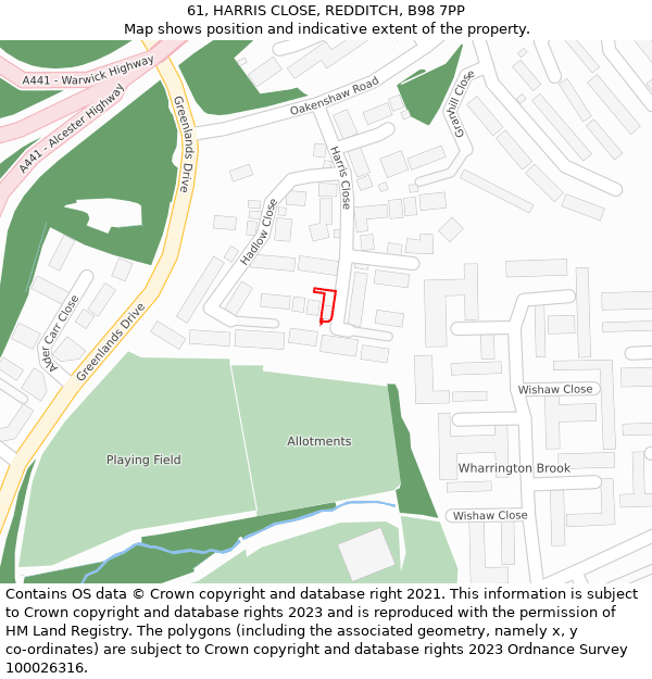 61, HARRIS CLOSE, REDDITCH, B98 7PP: Location map and indicative extent of plot