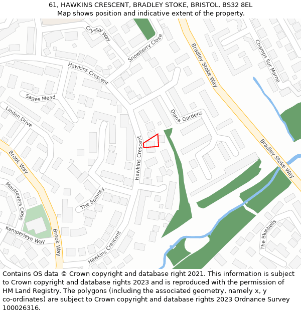 61, HAWKINS CRESCENT, BRADLEY STOKE, BRISTOL, BS32 8EL: Location map and indicative extent of plot