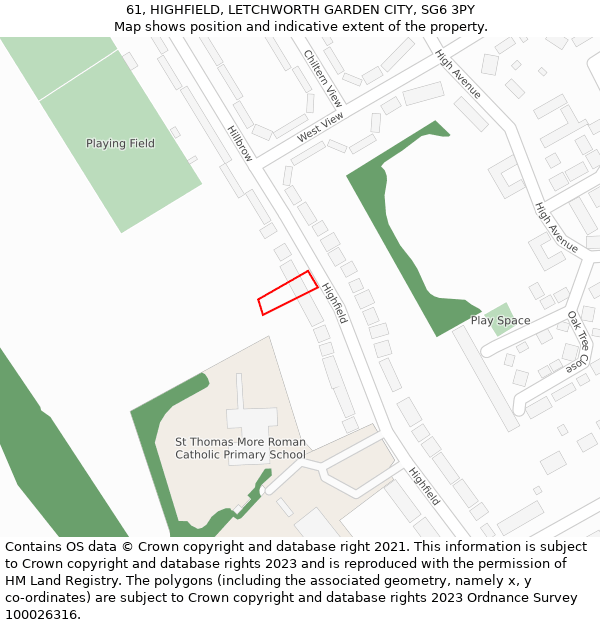 61, HIGHFIELD, LETCHWORTH GARDEN CITY, SG6 3PY: Location map and indicative extent of plot