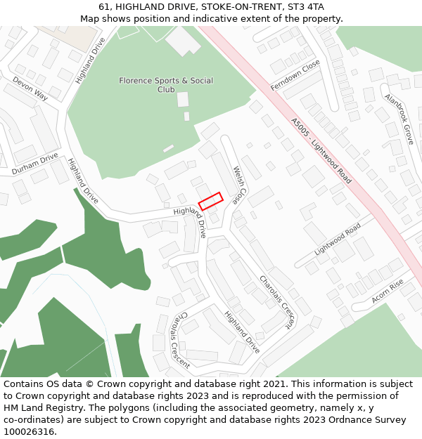 61, HIGHLAND DRIVE, STOKE-ON-TRENT, ST3 4TA: Location map and indicative extent of plot