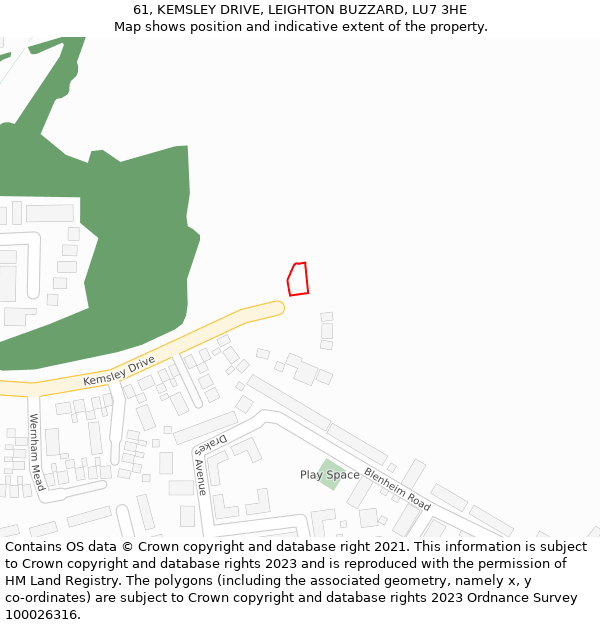 61, KEMSLEY DRIVE, LEIGHTON BUZZARD, LU7 3HE: Location map and indicative extent of plot