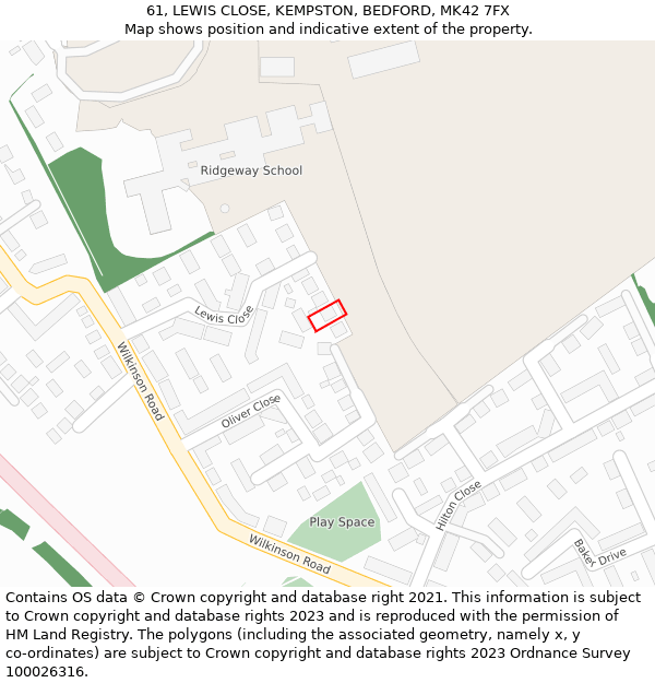 61, LEWIS CLOSE, KEMPSTON, BEDFORD, MK42 7FX: Location map and indicative extent of plot