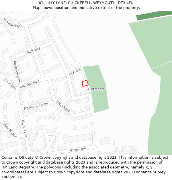 61, LILLY LANE, CHICKERELL, WEYMOUTH, DT3 4FU: Location map and indicative extent of plot