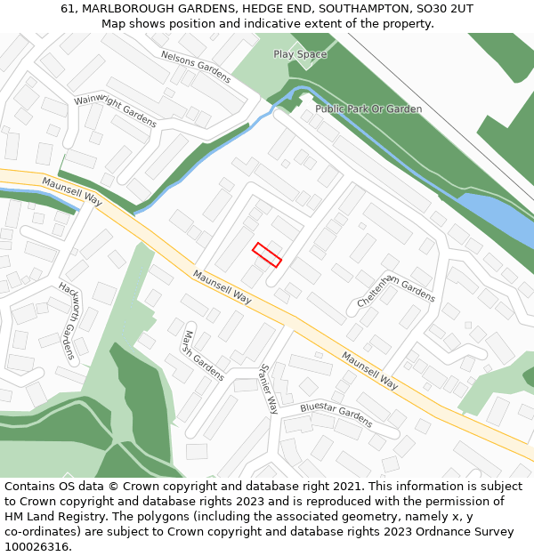 61, MARLBOROUGH GARDENS, HEDGE END, SOUTHAMPTON, SO30 2UT: Location map and indicative extent of plot