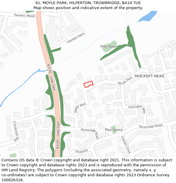 61, MOYLE PARK, HILPERTON, TROWBRIDGE, BA14 7UE: Location map and indicative extent of plot