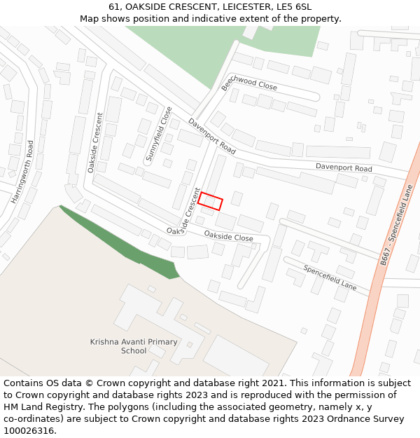 61, OAKSIDE CRESCENT, LEICESTER, LE5 6SL: Location map and indicative extent of plot