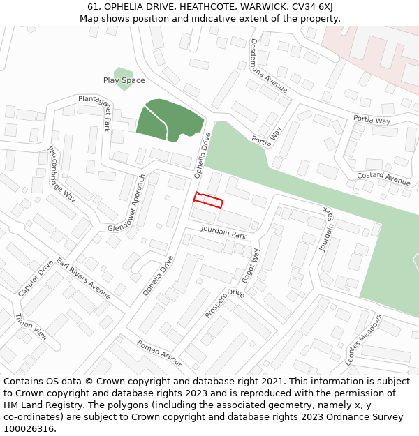 61, OPHELIA DRIVE, HEATHCOTE, WARWICK, CV34 6XJ: Location map and indicative extent of plot