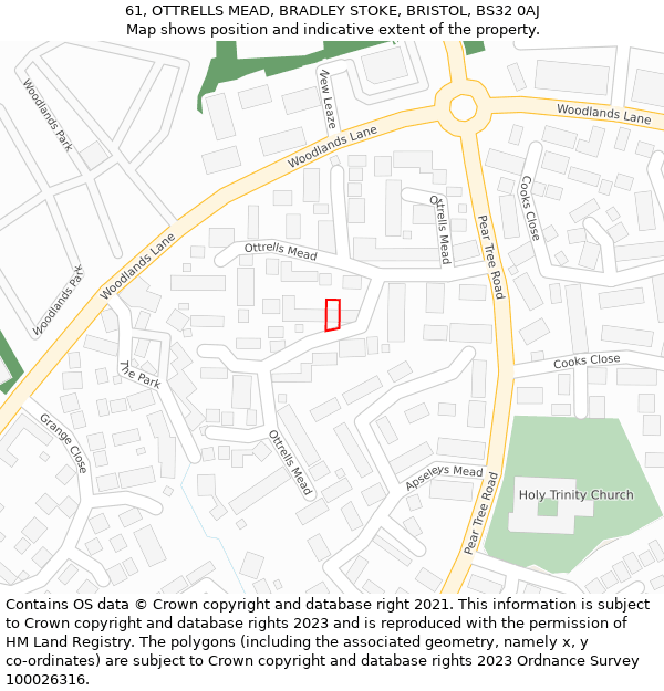 61, OTTRELLS MEAD, BRADLEY STOKE, BRISTOL, BS32 0AJ: Location map and indicative extent of plot