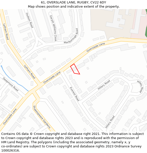 61, OVERSLADE LANE, RUGBY, CV22 6DY: Location map and indicative extent of plot