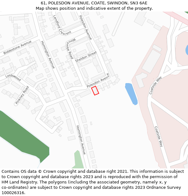 61, POLESDON AVENUE, COATE, SWINDON, SN3 6AE: Location map and indicative extent of plot