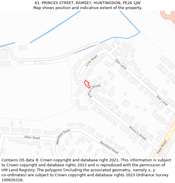61, PRINCES STREET, RAMSEY, HUNTINGDON, PE26 1JW: Location map and indicative extent of plot