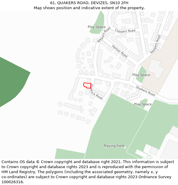 61, QUAKERS ROAD, DEVIZES, SN10 2FH: Location map and indicative extent of plot