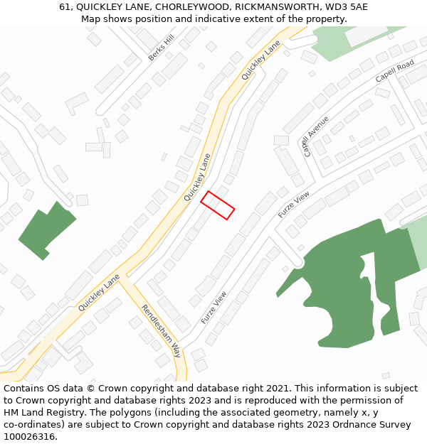 61, QUICKLEY LANE, CHORLEYWOOD, RICKMANSWORTH, WD3 5AE: Location map and indicative extent of plot