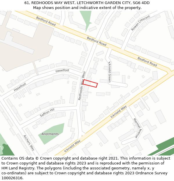 61, REDHOODS WAY WEST, LETCHWORTH GARDEN CITY, SG6 4DD: Location map and indicative extent of plot