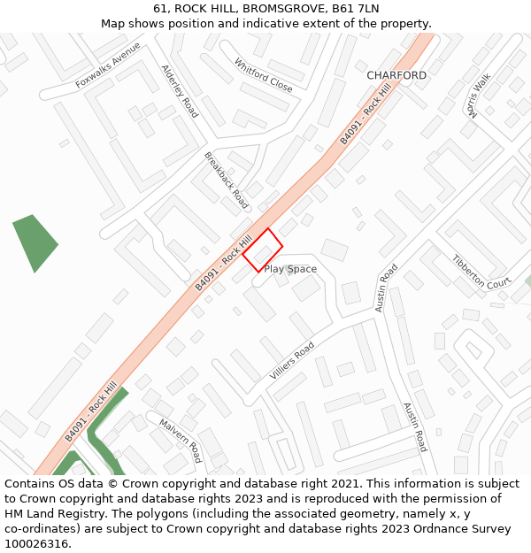 61, ROCK HILL, BROMSGROVE, B61 7LN: Location map and indicative extent of plot