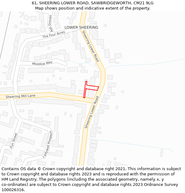 61, SHEERING LOWER ROAD, SAWBRIDGEWORTH, CM21 9LG: Location map and indicative extent of plot