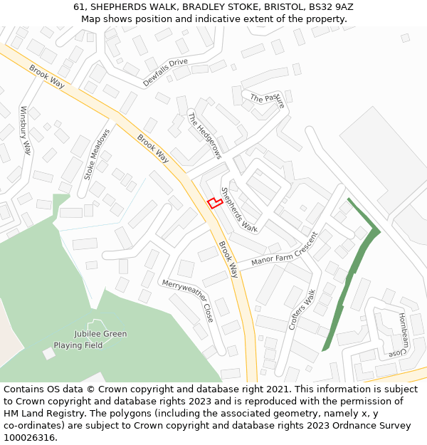 61, SHEPHERDS WALK, BRADLEY STOKE, BRISTOL, BS32 9AZ: Location map and indicative extent of plot