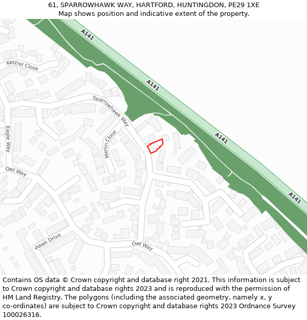 61, SPARROWHAWK WAY, HARTFORD, HUNTINGDON, PE29 1XE: Location map and indicative extent of plot