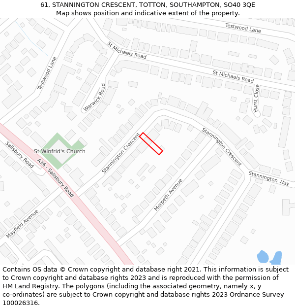 61, STANNINGTON CRESCENT, TOTTON, SOUTHAMPTON, SO40 3QE: Location map and indicative extent of plot