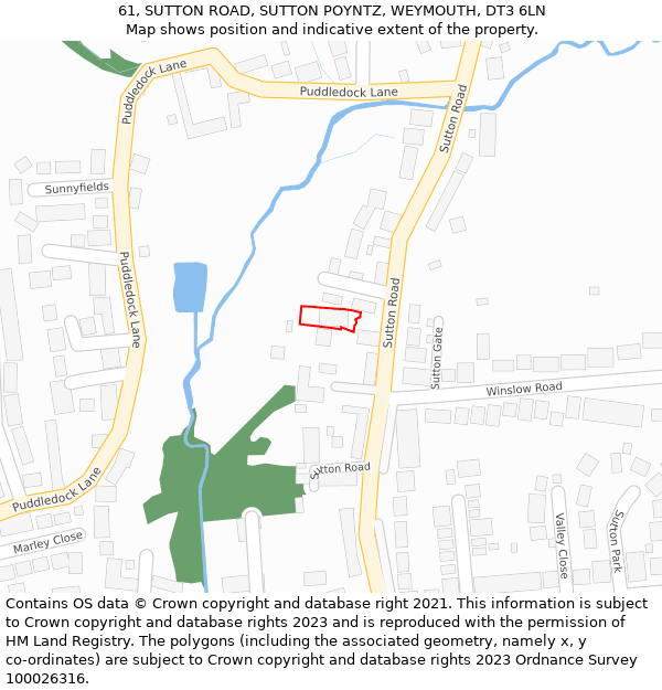 61, SUTTON ROAD, SUTTON POYNTZ, WEYMOUTH, DT3 6LN: Location map and indicative extent of plot