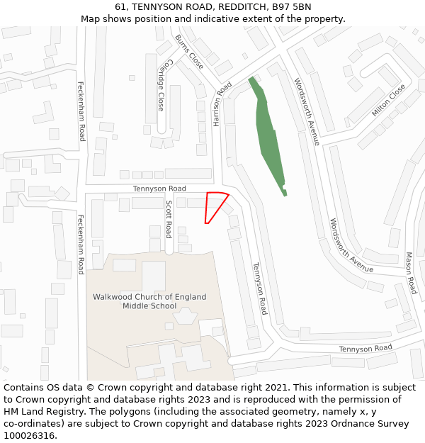 61, TENNYSON ROAD, REDDITCH, B97 5BN: Location map and indicative extent of plot