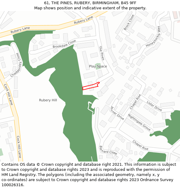 61, THE PINES, RUBERY, BIRMINGHAM, B45 9FF: Location map and indicative extent of plot