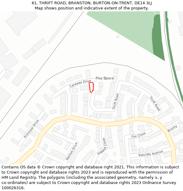 61, THRIFT ROAD, BRANSTON, BURTON-ON-TRENT, DE14 3LJ: Location map and indicative extent of plot