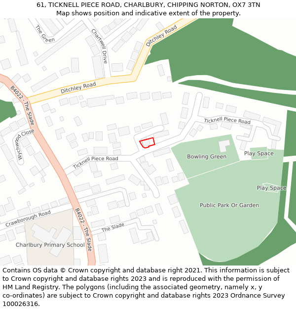 61, TICKNELL PIECE ROAD, CHARLBURY, CHIPPING NORTON, OX7 3TN: Location map and indicative extent of plot